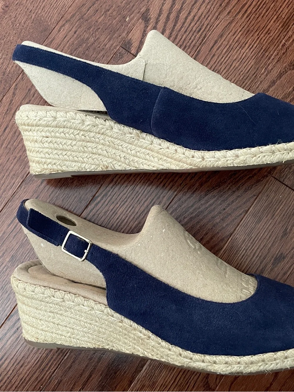 Land’s End Sz 10 Navy Suede Espadrille Wedge Slingback Sandal Open Toe - As New!